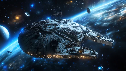 Iconic starship cuts across luminous galactic battlefield