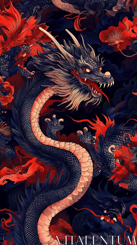 Digital painting of coiled oriental dragon with floral inferno.