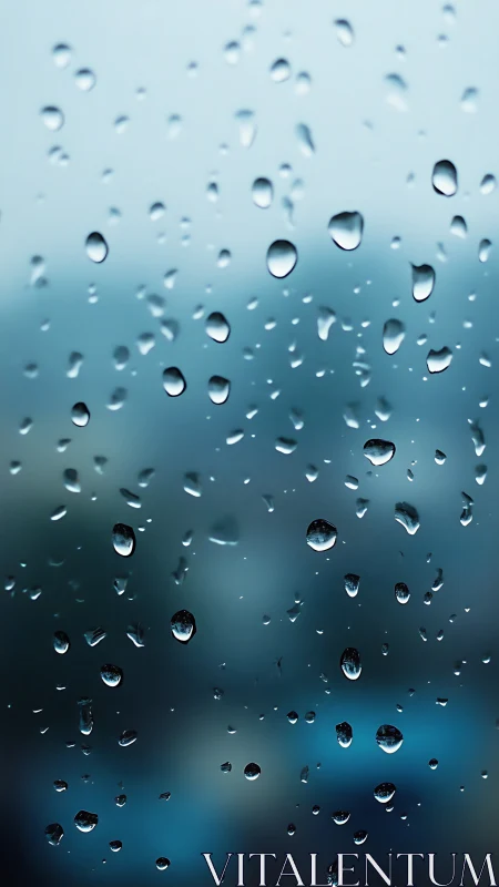 Raindrops adhere to glass surface before blurred landscape