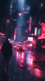 Lone figure in neon city street under heavy night rain.