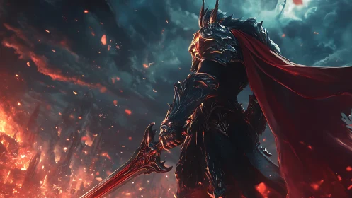 Armored warrior with sword in burning fantasy battlefield.