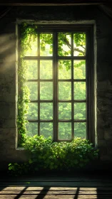 Old stone window with ivy and bright green forest view.