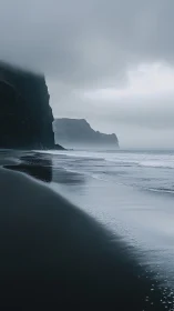Silent black sand shoreline wrapped in gentle ocean mist.