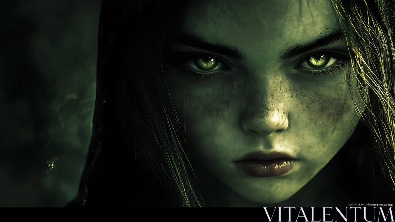 Intense green-eyed girl in hooded cloak, dark moody portrait.