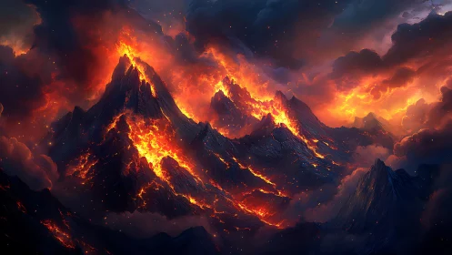 Volcanic Eruption Engulfed in Molten Fire and Storm.