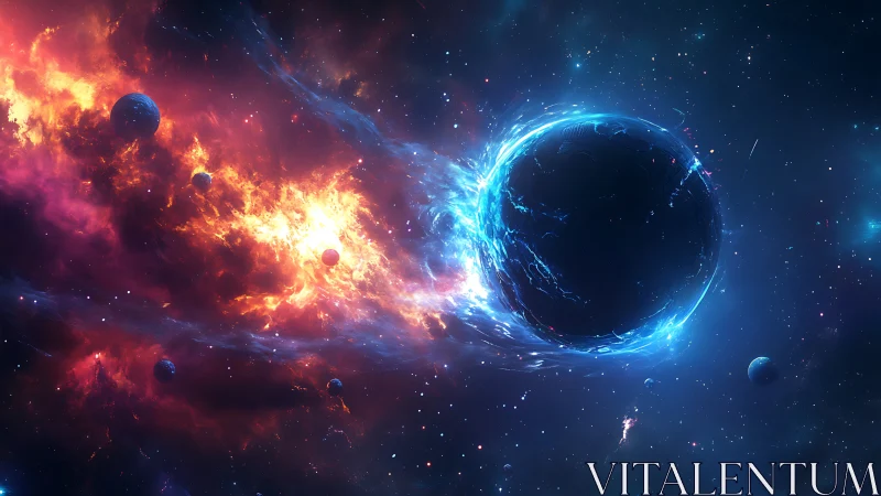 Celestial collision of blue world and blazing nebulae.