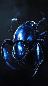 Metallic blue beetle rendered against deep black void