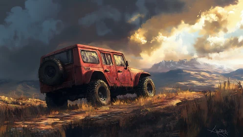 Digital painting of red off-road SUV in dramatic highland light.