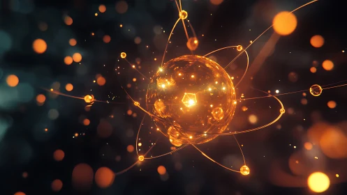 Quantum particle core with glowing electron orbitals in space