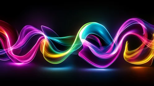 Glowing rainbow light waves dance across a deep black space