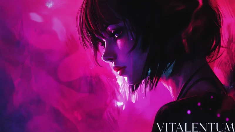 Side profile portrait of woman in vivid neon lighting.