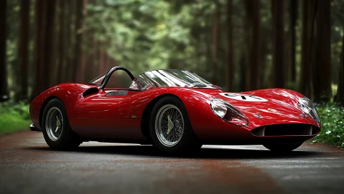 Classic red roadster resting in a peaceful forest lane.