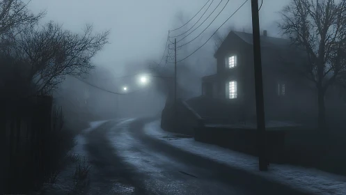 Fog-drowned country road curls past a lone watching house.