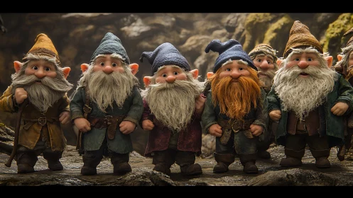 Row of stylized gnome characters standing in rocky cave