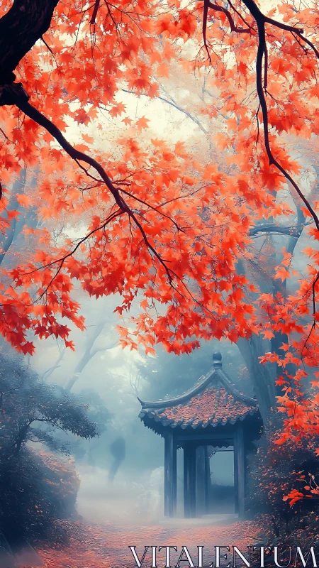 Crimson maple veil above a mist-dreamed garden pavilion.