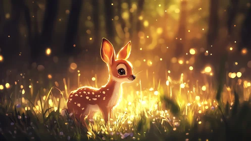 Gentle fawn glows in golden forest light at sunrise.