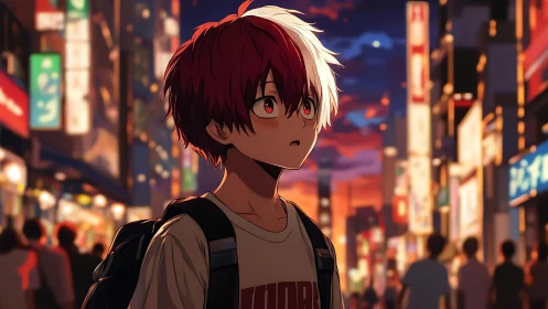 Youth with split hair in illuminated urban street scene.