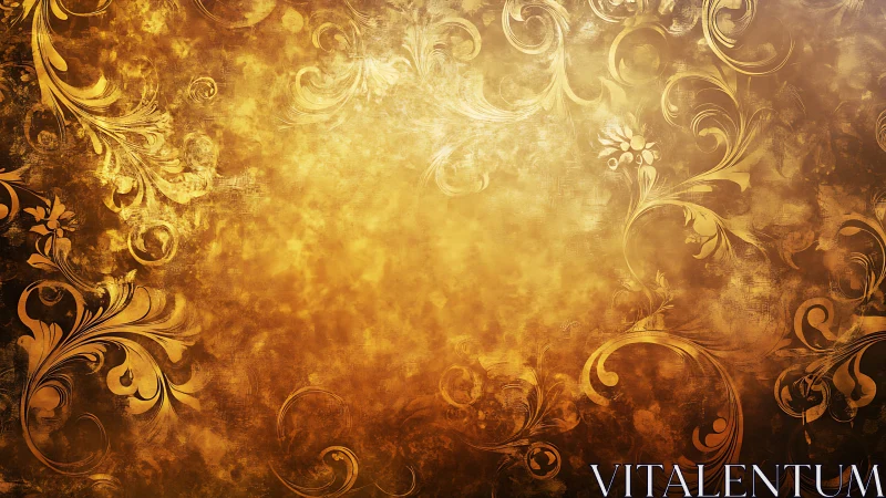 Baroque floral scrollwork overlays textured metallic gold background