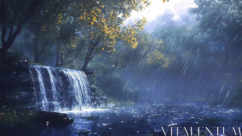 Rain-soaked forest waterfall shimmers in tranquil blue light