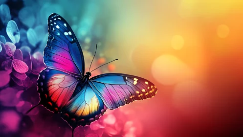 Prismatic butterfly drifts through a neon-dream garden haze