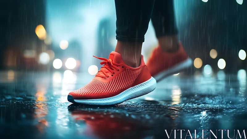Midnight city jog in bold red rainlit sneakers.