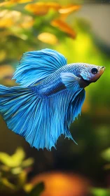 Blue betta fish glides gracefully through soft bokeh water.
