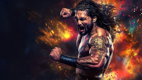 Explosive digital portrait of muscular fighter in dynamic strike