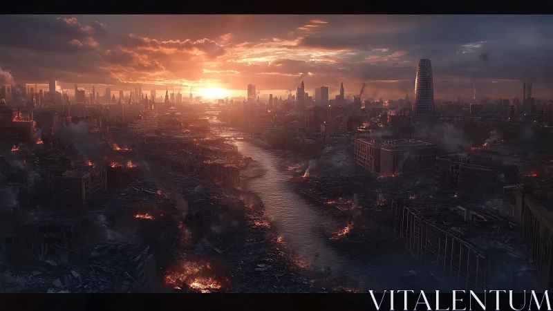 Sunset over the broken river of a smoldering future city.