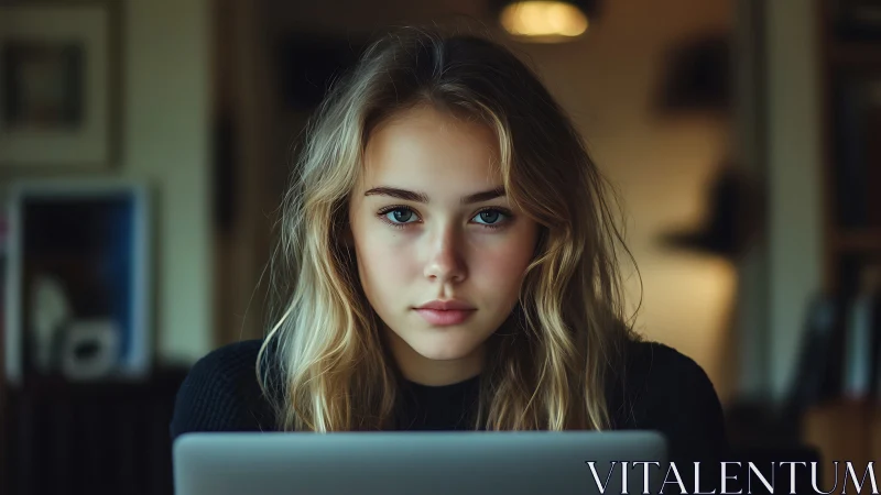 Focused young woman works on laptop in warm home office