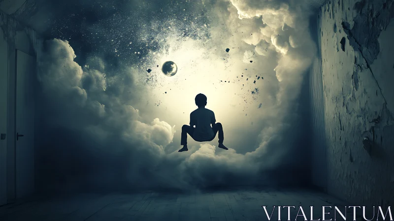 Surreal interior cosmos with levitating child silhouette portal.