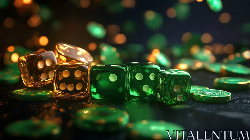 Translucent casino dice glow beside scattered poker chips