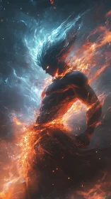 Elemental warrior radiates dual fire and ice energy storm.