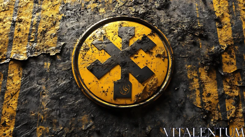 Industrial emblem on yellow circular plate with corrosion.