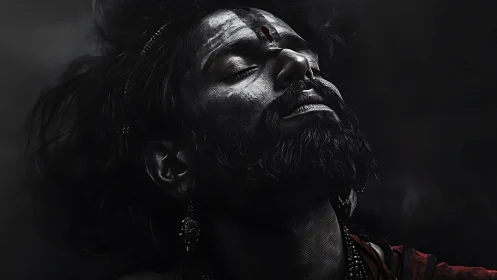 Intense bearded portrait captures mystical inward gaze.