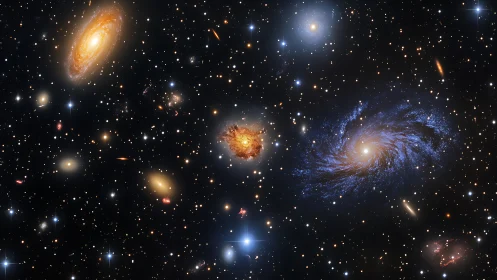 Multi-galaxy deep space field with spiral and irregular forms.