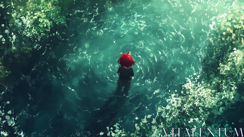 Overhead anime pond scene with central solitary figure composition.