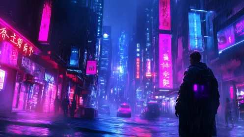 Neon-lit urban street scene depicts lone figure in rainfall