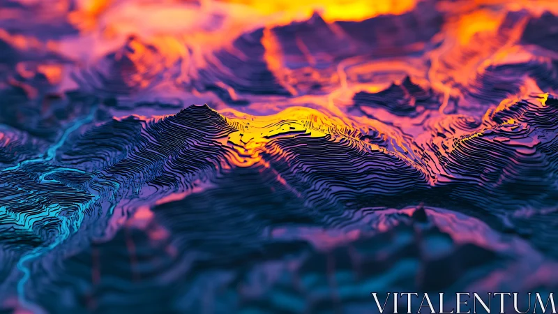 Layered abstract terrain with neon gradient illumination.