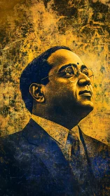 Grit-textured portrait gazes upward through molten amber light