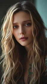 Softly lit portrait of a thoughtful young woman in calm tones.