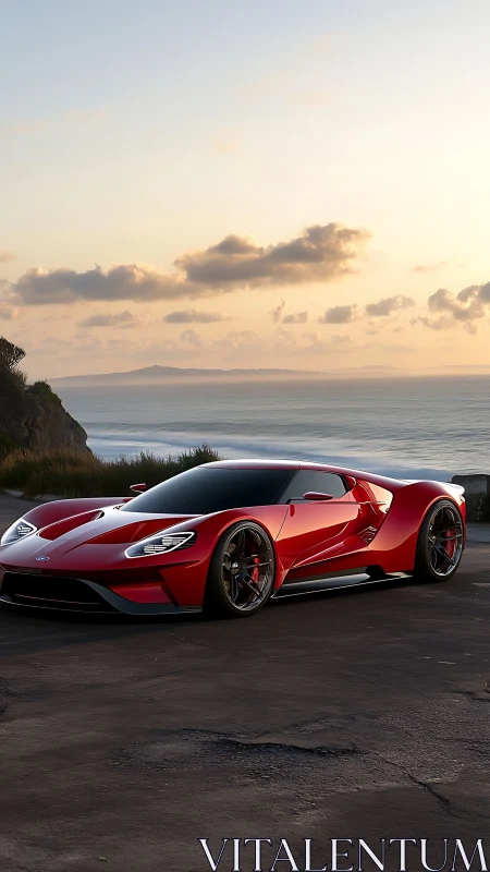 Red sports car stands on coastal road during sunset