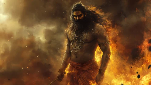 Warrior ascetic stands amid dense flames and swirling smoke