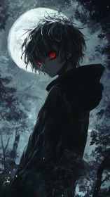 Red-eyed nocturnal figure under moonlit forest canopy.