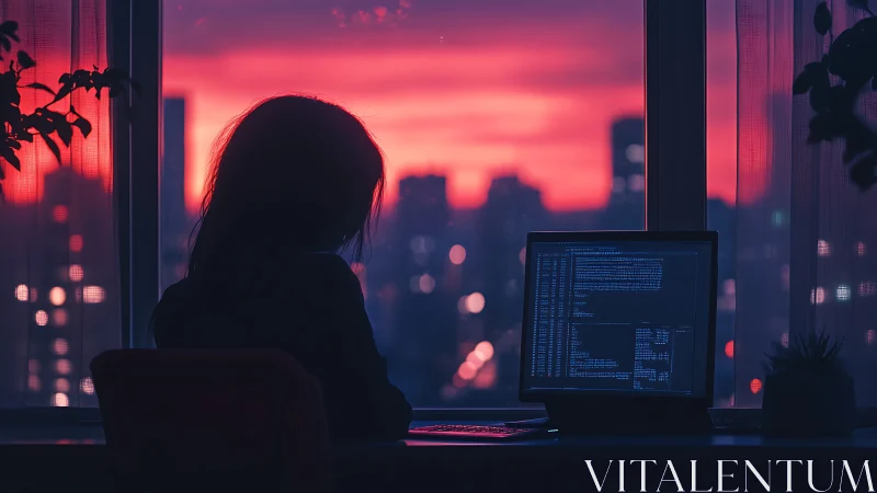 Person at computer near window overlooking sunset city skyline.