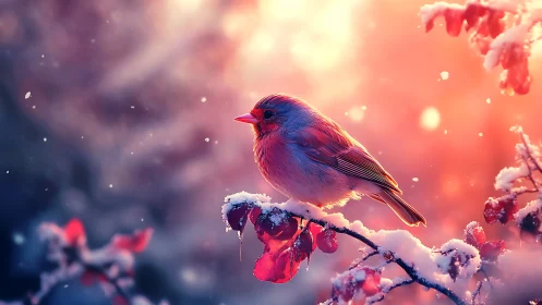 Winter songbird on snowy branch at sunrise, dreamy nature art.