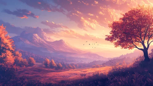 Sunlit autumn valley with distant snowcapped mountain range