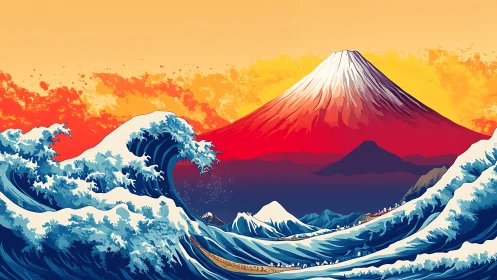 Radiant mountain and rolling waves in a bold sunset embrace.