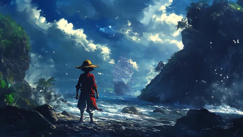 Figure observes sailing ship between rocky coastal cliffs