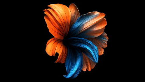 Vivid orange and blue abstract petals swirl on deep black