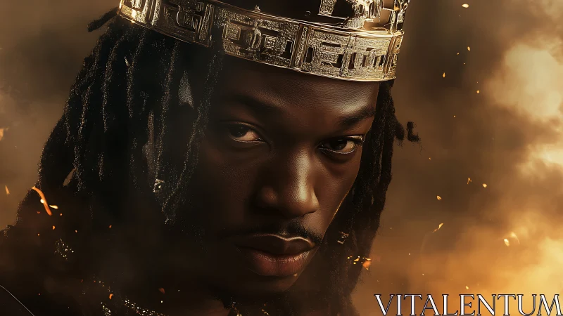 Portrait of crowned man amid warm smoke and sparks.